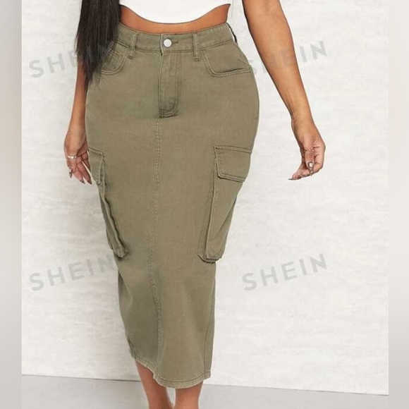 Shein Sxy • Women's Army Green High Waist Cargo Flap Pocket Denim Jean Skirt - Picture 2 of 16
